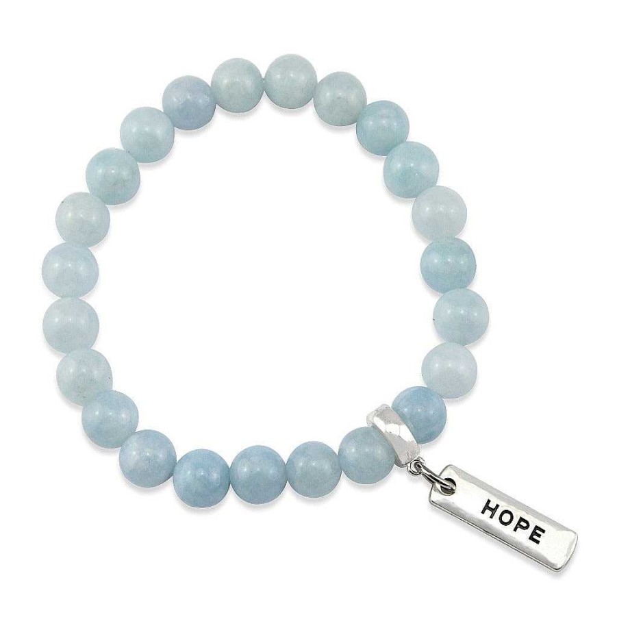 Jewellery Bracelets | Stone Bracelet - Aquamarine Stone - 8Mm Beads With Word Charm