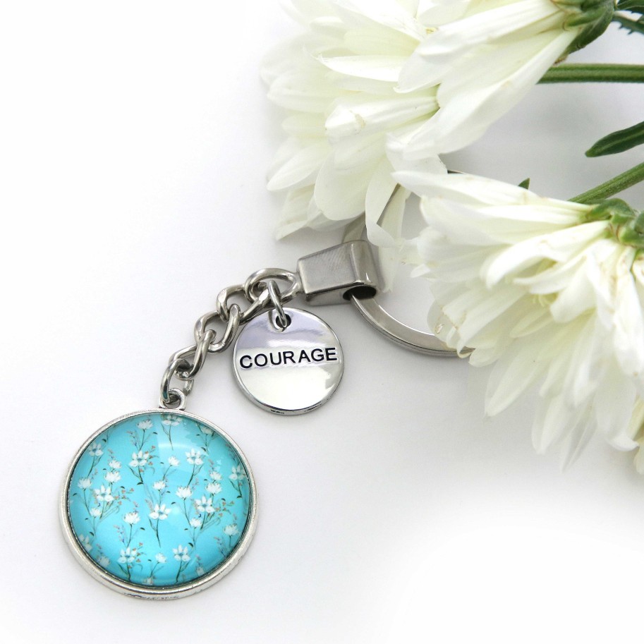 Accessories Papa Glewy | Teal Collection - Vintage Silver 'Courage' Keyring - Aqua Field Flowers (12442)