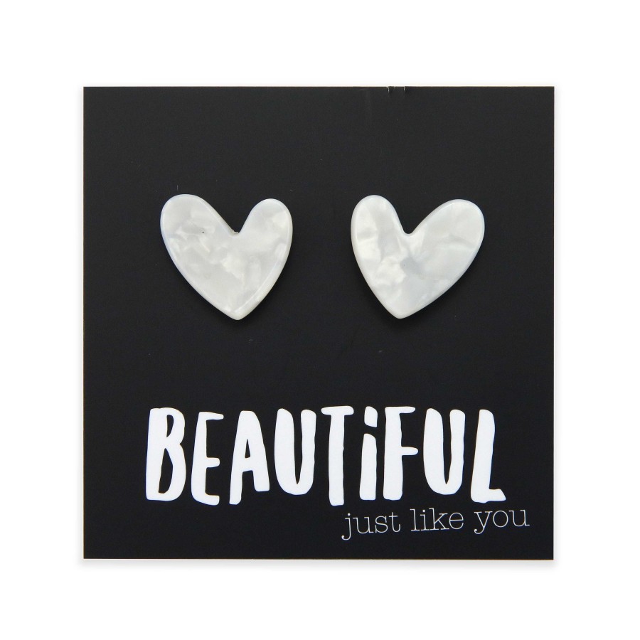 Jewellery Statement Earrings | Beautiful Just Like You - Resin Heart Studs - White Pearl (11915)