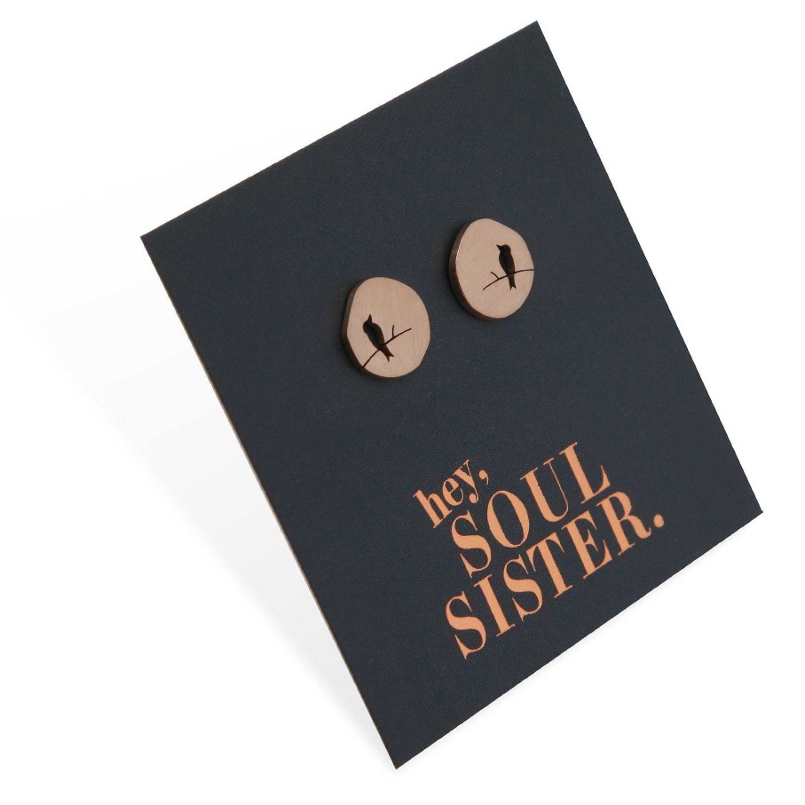 Jewellery Premium Studs | Stainless Steel Earring Studs - Brushed Rose Gold - Hey Soul Sister - Bird On A Branch (8212)