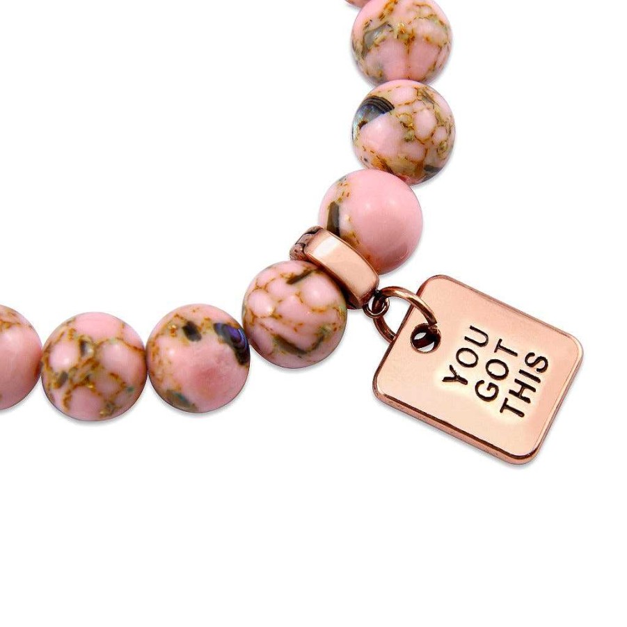 Jewellery Bracelets | Pink Collection - Soft Pink Synthesis 10Mm Bead Bracelet - Rose Gold Word Charms