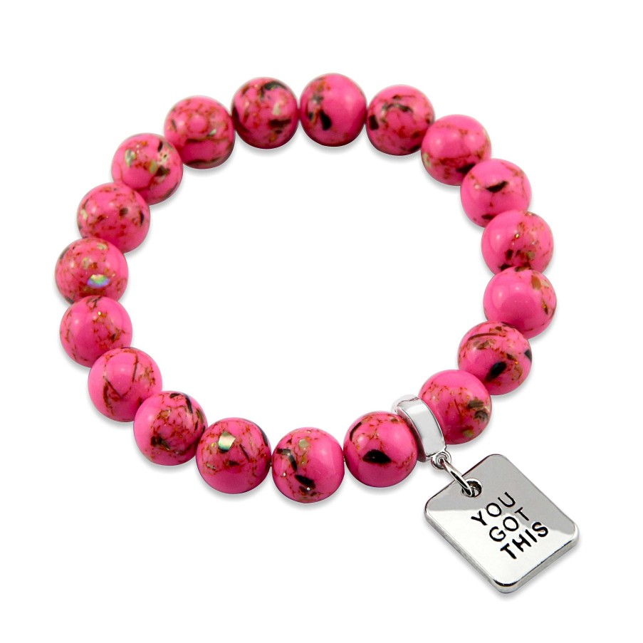 Jewellery Bracelets | Pink Collection - Hot Pink Synthesis 10Mm Bead Bracelet - Silver Word Charms