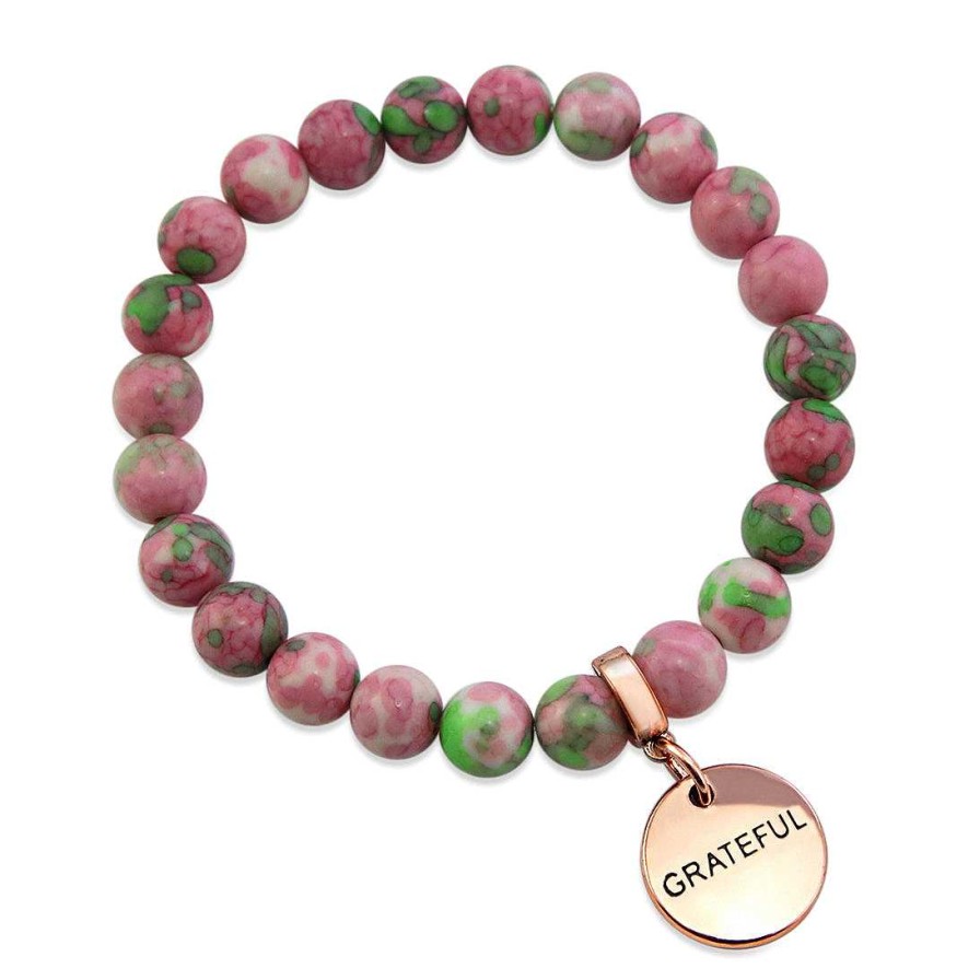 Jewellery Bracelets | Stone Bracelet - Rose & Lime Patch Agate Stone - 8Mm Beads With Rose Gold Word Charms