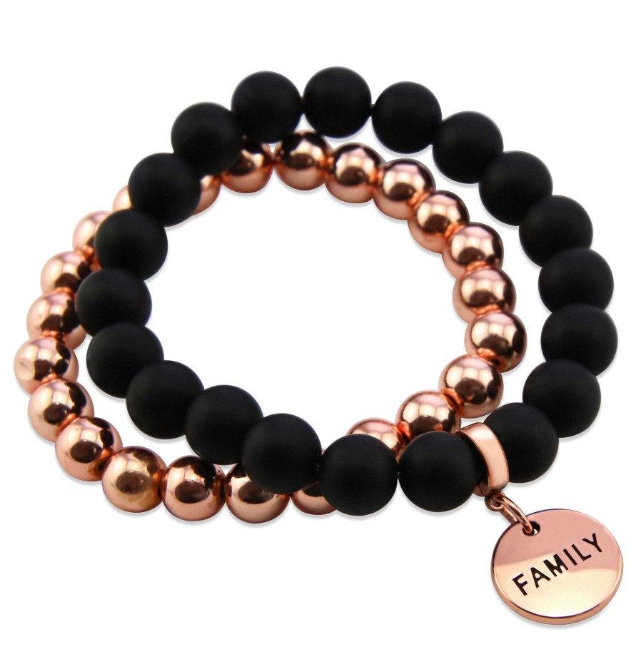 Jewellery Bracelets | Bracelet Duo! Rose Gold & Matt Black Onyx Bead Bracelet Stacker Set - Family (12033)