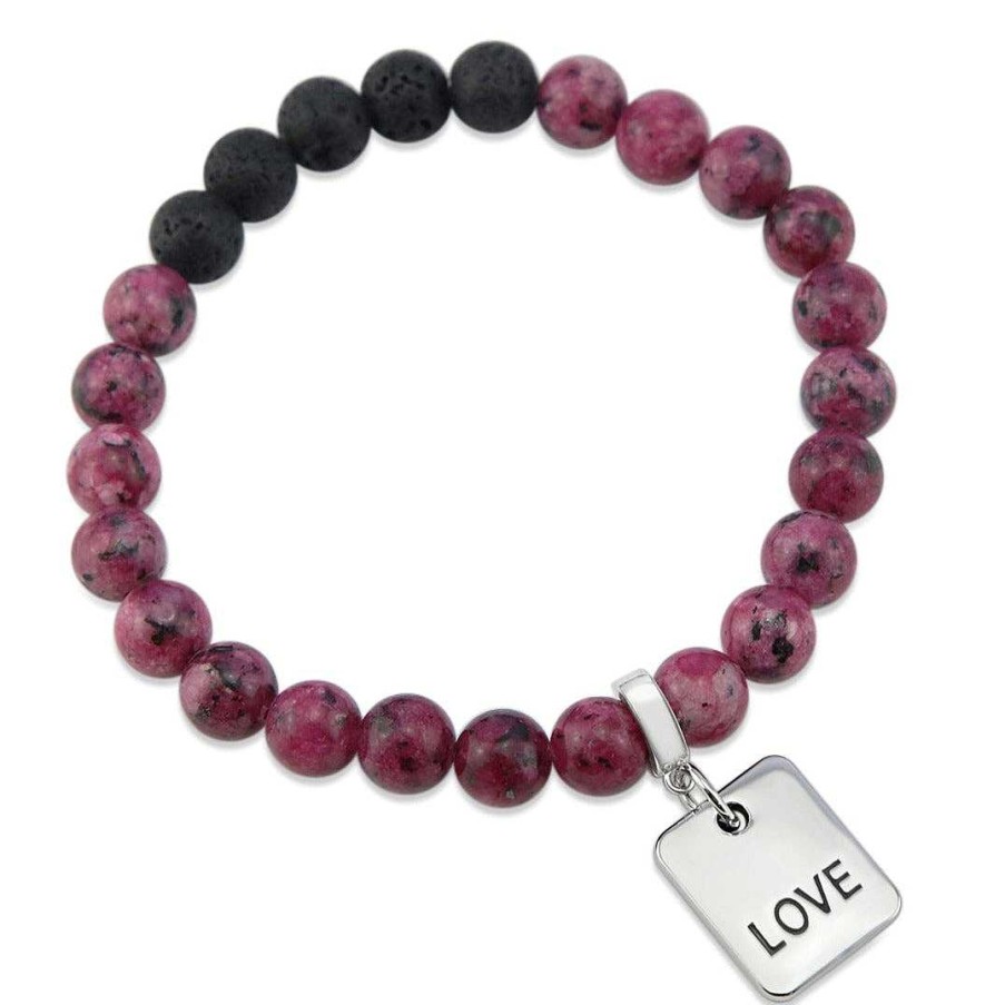 Jewellery Bracelets | Lava Stone Bracelet - 8Mm Raspberry Speckle + Lava Stone Beads - With Silver Word Charm