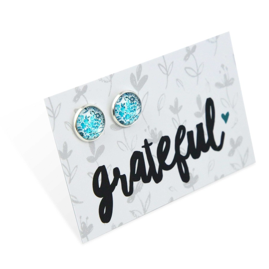 Jewellery Deluxe Stud Earrings | Teal Collection - Grateful - Bright Silver Surround Circle Studs - Arctic Blossom (12153)