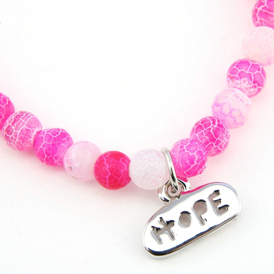 Jewellery Christmas Bracelets | Christmas Bracelet - Pink Crackle 6Mm Bracelet With Bright Silver Word Charm