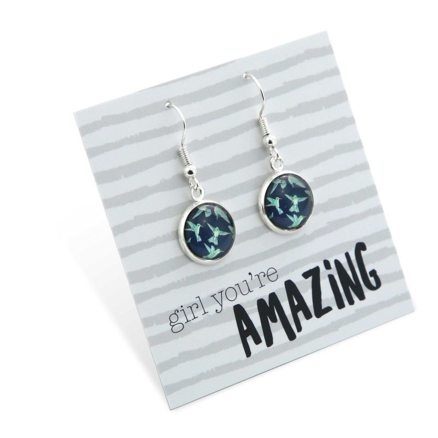 Jewellery Circle Drop Dangles | Teal Collection - Girl You'Re Amazing - Bright Silver Dangle Earrings - Hummingbird Flock (12312)