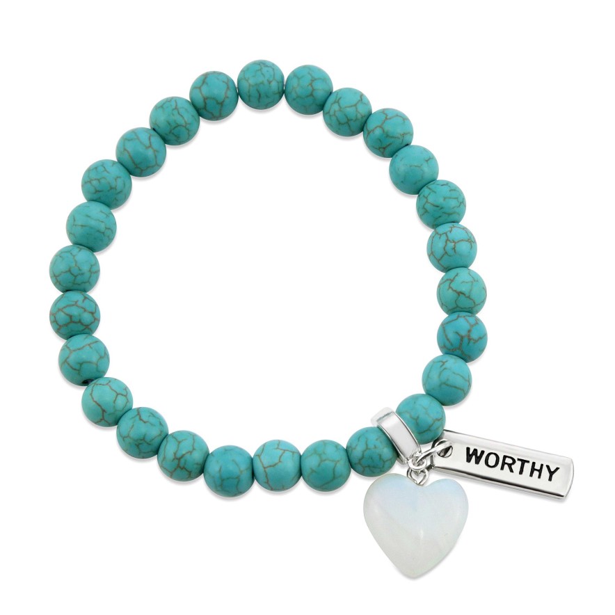 Jewellery Bracelets | Sweetheart Bracelet - 8Mm Turquoise Stone Beads With Opalite Heart & Word Charm