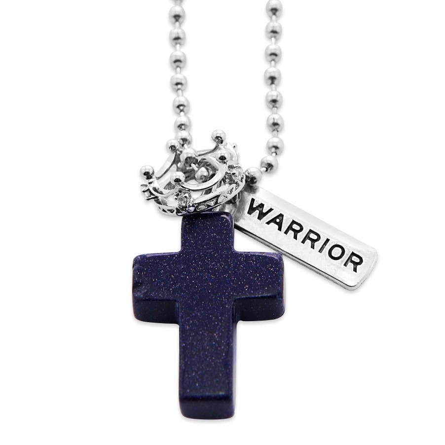 Jewellery Cross & Crown | Cross & Crown Necklace - Midnight Blue Sand Stone Sparkle - With Word Charm