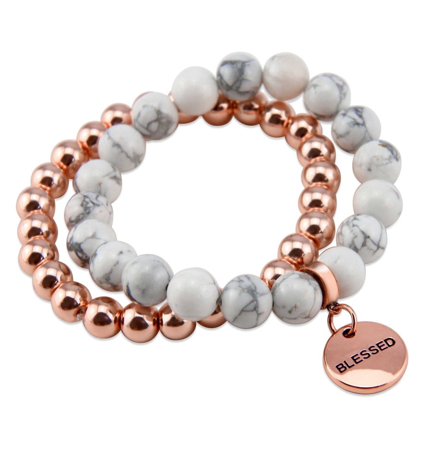 Jewellery Bracelets | Bracelet Duo! Rose Gold & White Marble Bead Bracelet Stacker Set - Blessed (12063)