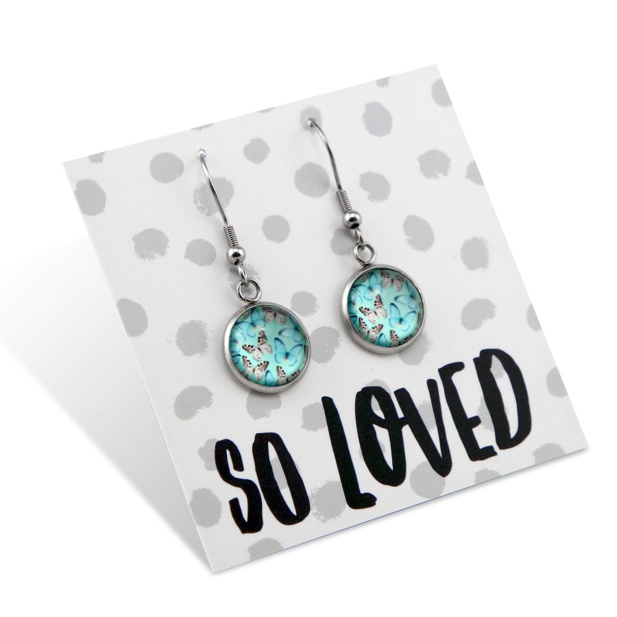 Jewellery Circle Drop Dangles | Heart & Soul Collection - So Loved - Stainless Steel Silver Dangle Earrings - Butterfly Flutter (9908)