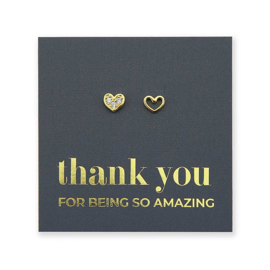 Jewellery Sterling Silver Studs | 2 Hearts - Gold Sterling Silver Studs + Cz - Thank You For Being So Amazing (2407-R)