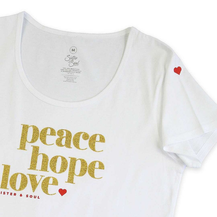 Apparel Tees Tanks & Totes | Peace Hope Love - Scoopy Tee - White With Gold Glitter Print