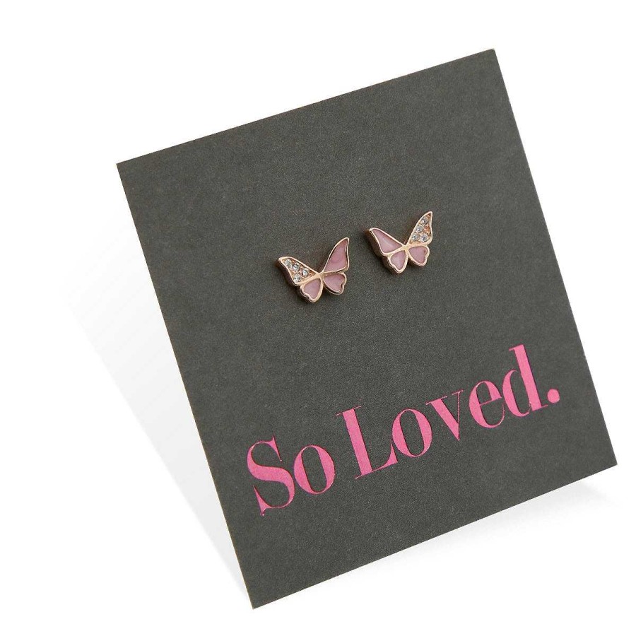 Jewellery Sterling Silver Studs | Sweet Pink Butterflies - Rose Gold Sterling Silver + Cubic Zirconia Studs - So Loved (8717-R)