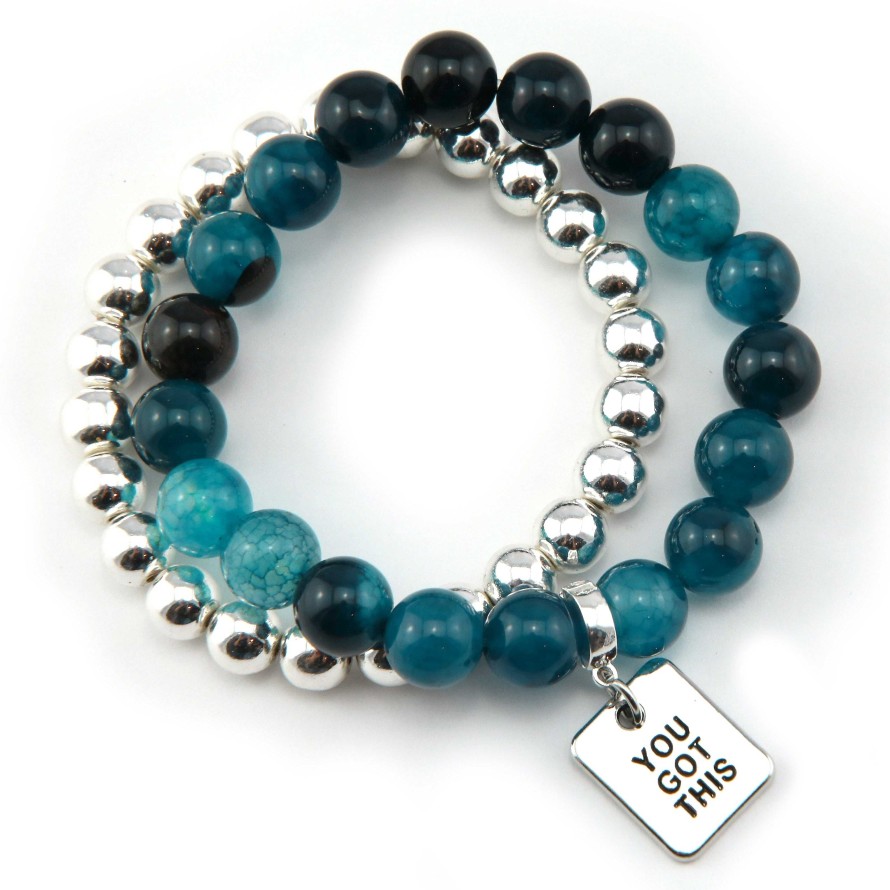 Jewellery Bracelets | Bracelet Duo! 10Mm Oceans Teal Tourmaline & 8Mm Silver Bead Bracelet Stacker Set - You Got This (10835)