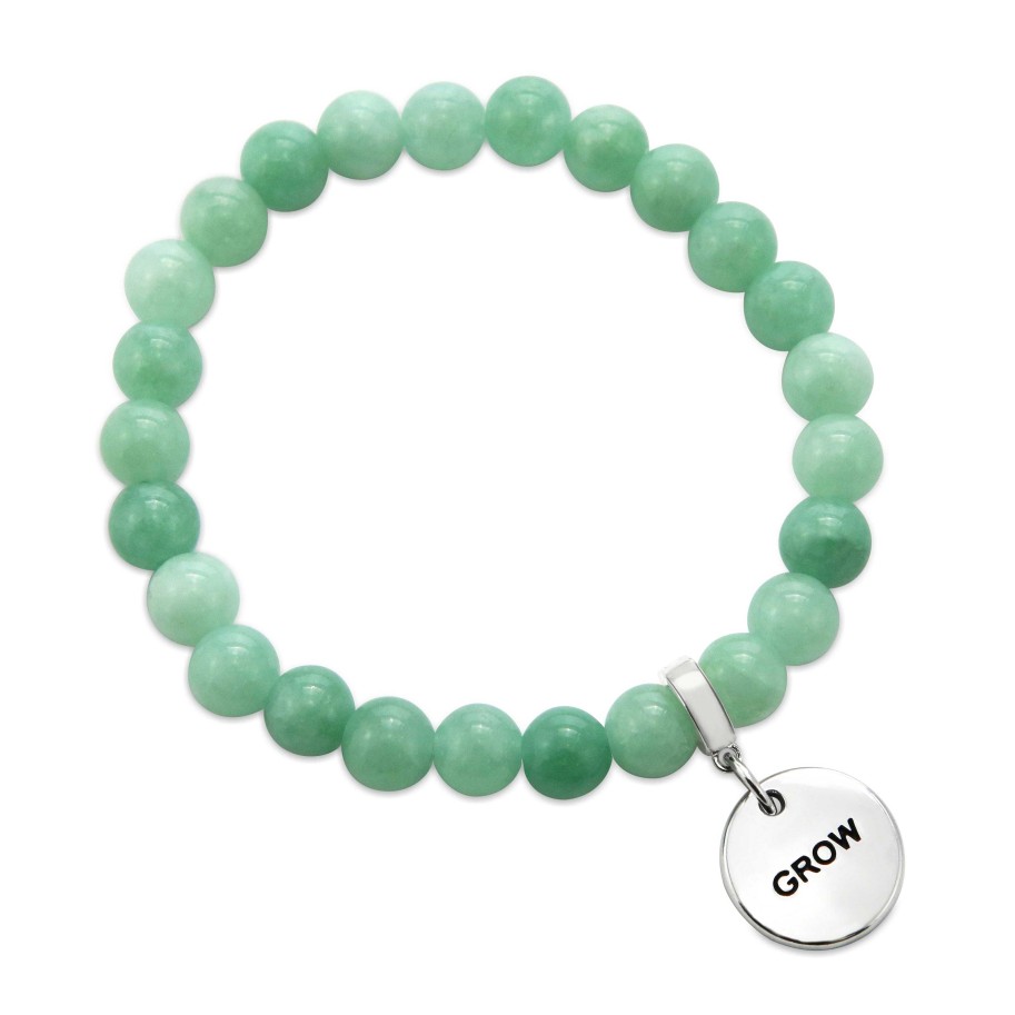 Jewellery Bracelets | Stone Bracelet 8Mm Soft Leafy Green Agate - With Silver Word Charms