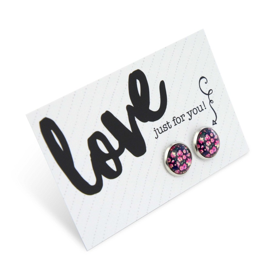 Jewellery Deluxe Stud Earrings | Pink Collection - Love Just For You - Vintage Silver Surround Circle Studs - Bloomy (12412)