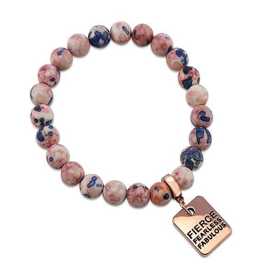 Jewellery Bracelets | Stone Bracelet - Raspberry & Navy Patch Agate Stone - 8Mm Beads With Rose Gold Word Charms