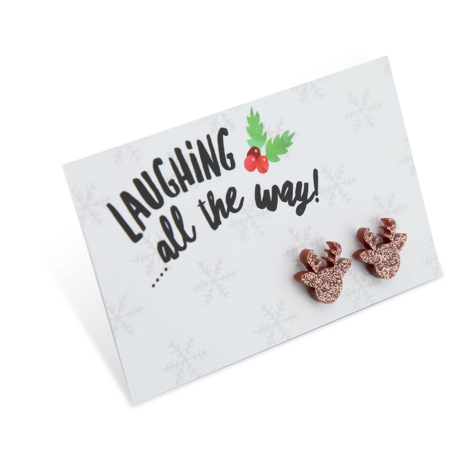 Jewellery Christmas | Sparkle Acrylic Studs Reindeer - Laughing All The Way - Rose Gold Glitter (9316-R)