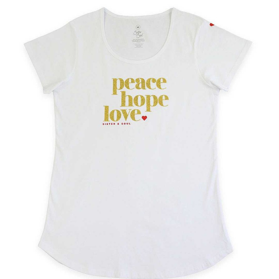 Apparel Tees Tanks & Totes | Peace Hope Love - Scoopy Tee - White With Gold Glitter Print