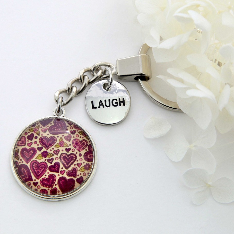 Accessories Papa Glewy | Spring - 'Laugh' - Vintage Silver Keyring - Heart Patch (10333)