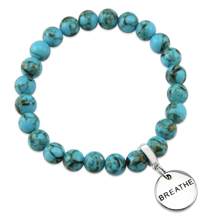 Jewellery Bracelets | Teal Collection Peacock Teal Synthesis 8Mm Bead Bracelet - Silver Word Charms