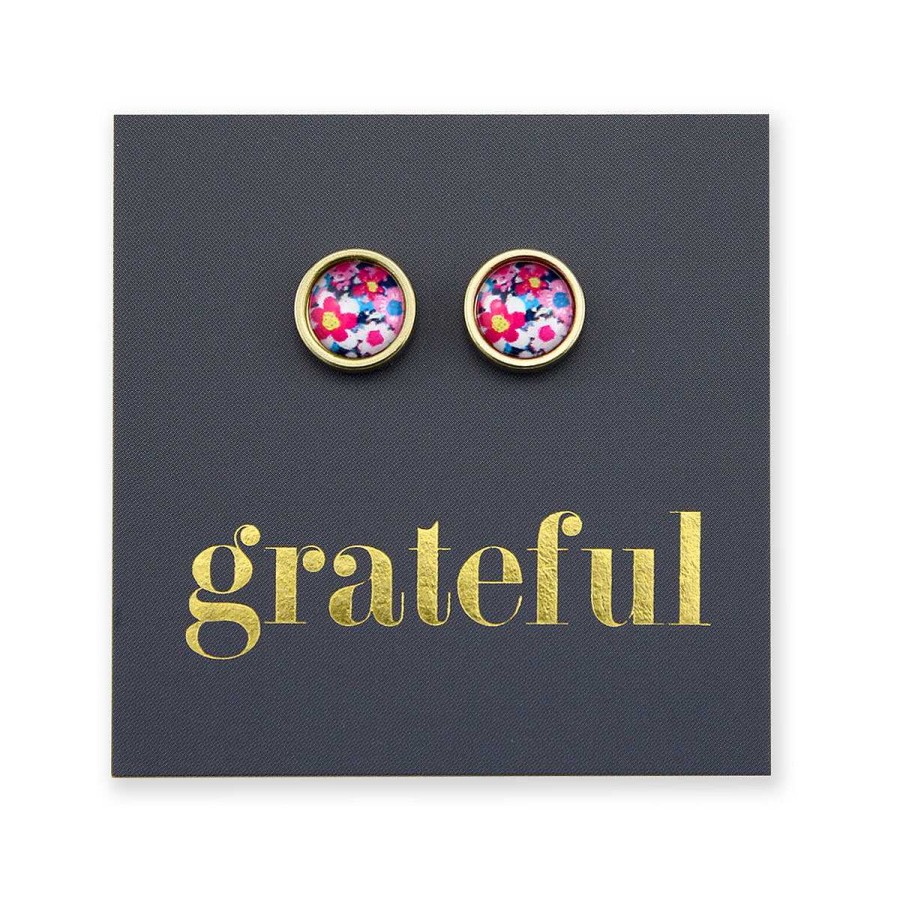 Jewellery Stainless Steel Circle Studs | Grateful - Gold Stainless Steel 8Mm Circle Studs - Pretty Posy Pink (12155)