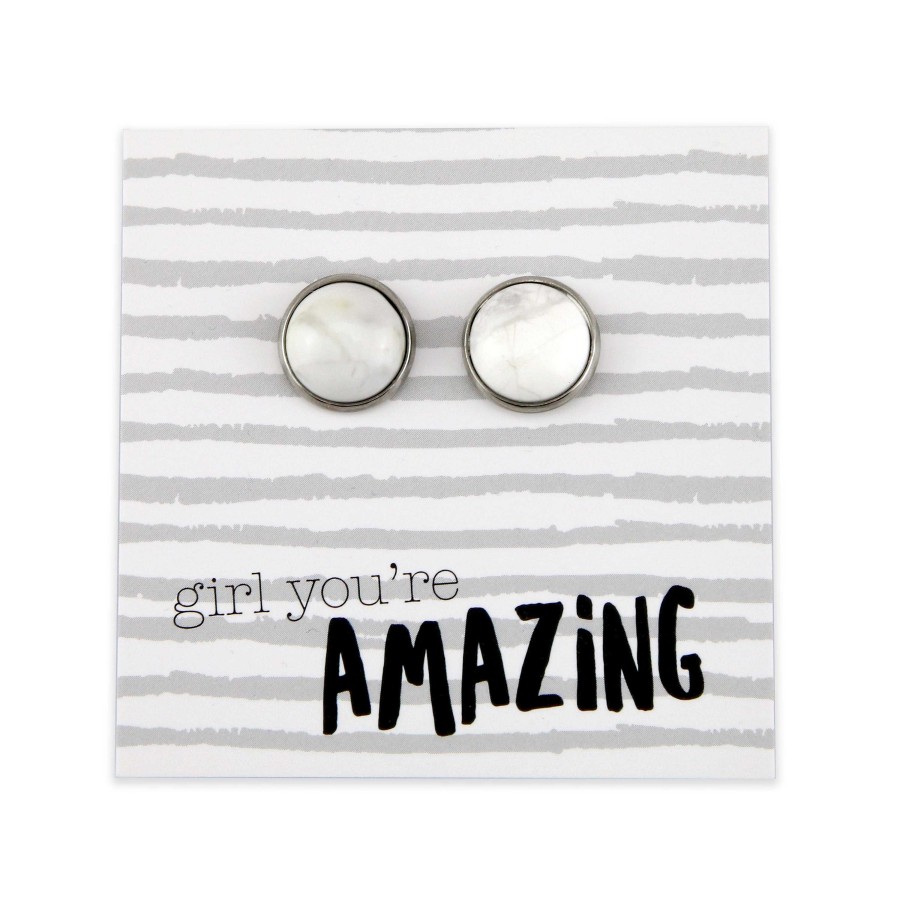 Jewellery Stone Earrings | Stone Earrings - Girl You'Re Amazing - Silver Surround Earring Studs - White Marble (9-916)