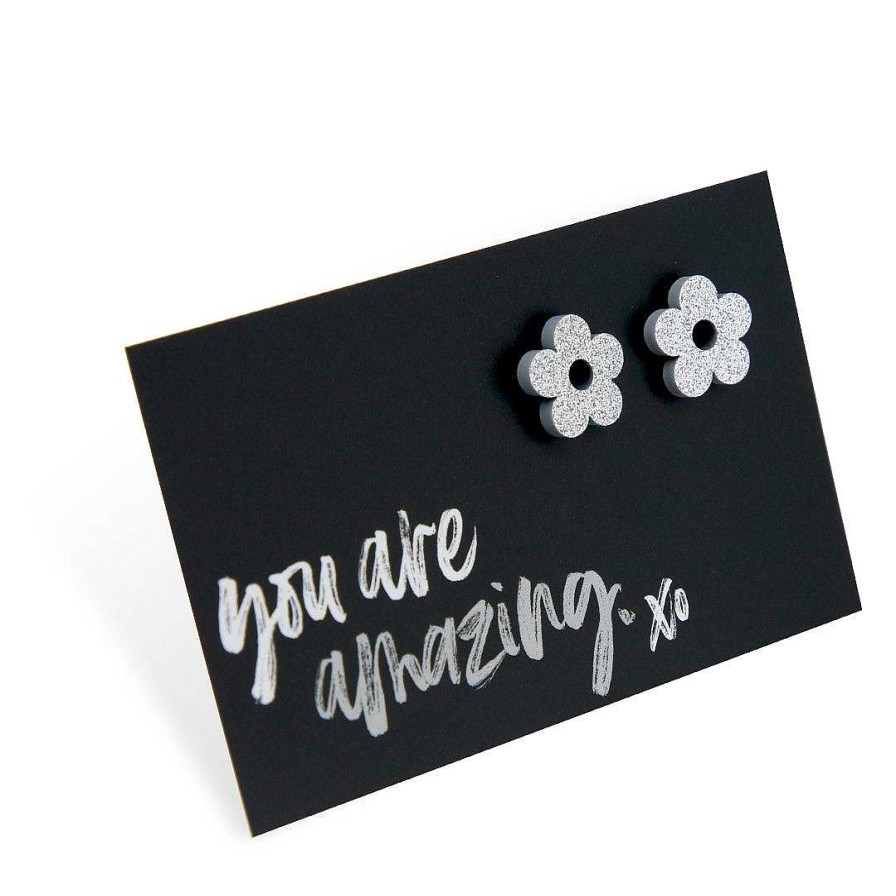 Jewellery Statement Earrings | Acrylic Glitter Flower Studs - You Are Amazing - Silver Glitter (11553)