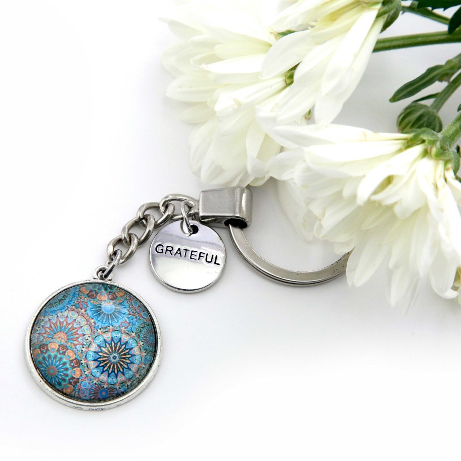 Accessories Papa Glewy | Teal Collection - Vintage Silver 'Grateful' Keyring - Panama (12241)