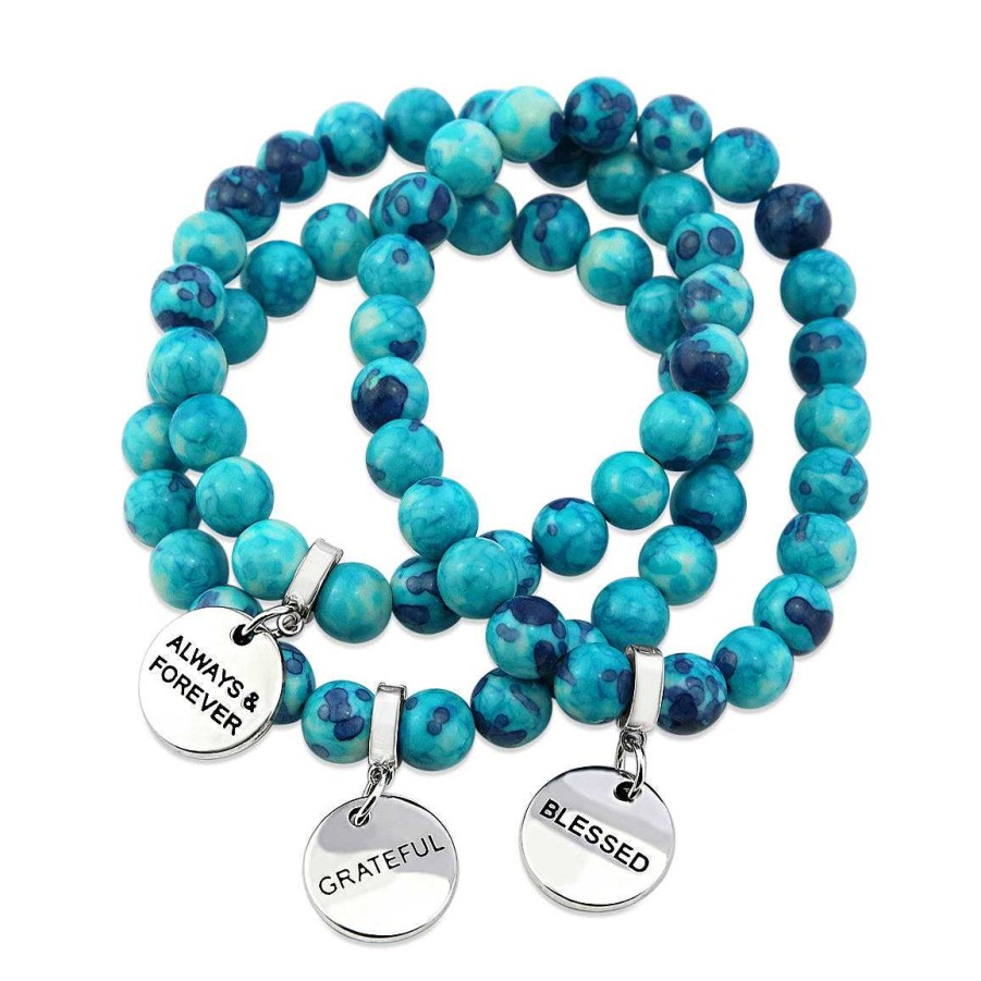 Jewellery Bracelets | Stone Bracelet - Cyan & Navy Patch Agate Stone - 8Mm Beads With Silver Word Charms