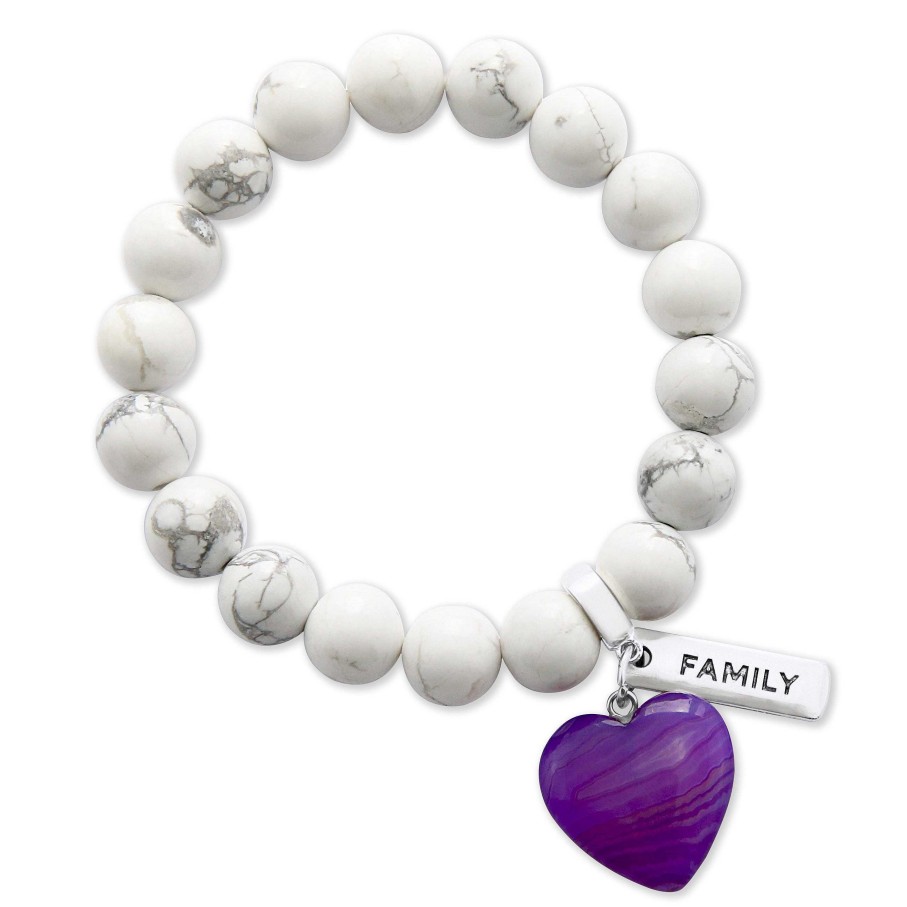 Jewellery Bracelets | Sweetheart Bracelet - 10Mm White Marble With Purple Striped Agate Heart Charm & Word Charm