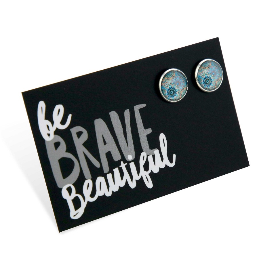 Jewellery Deluxe Stud Earrings | Teal Collection - Be Brave Beautiful - Bright Silver Surround Circle Studs - Panama (2408-F)