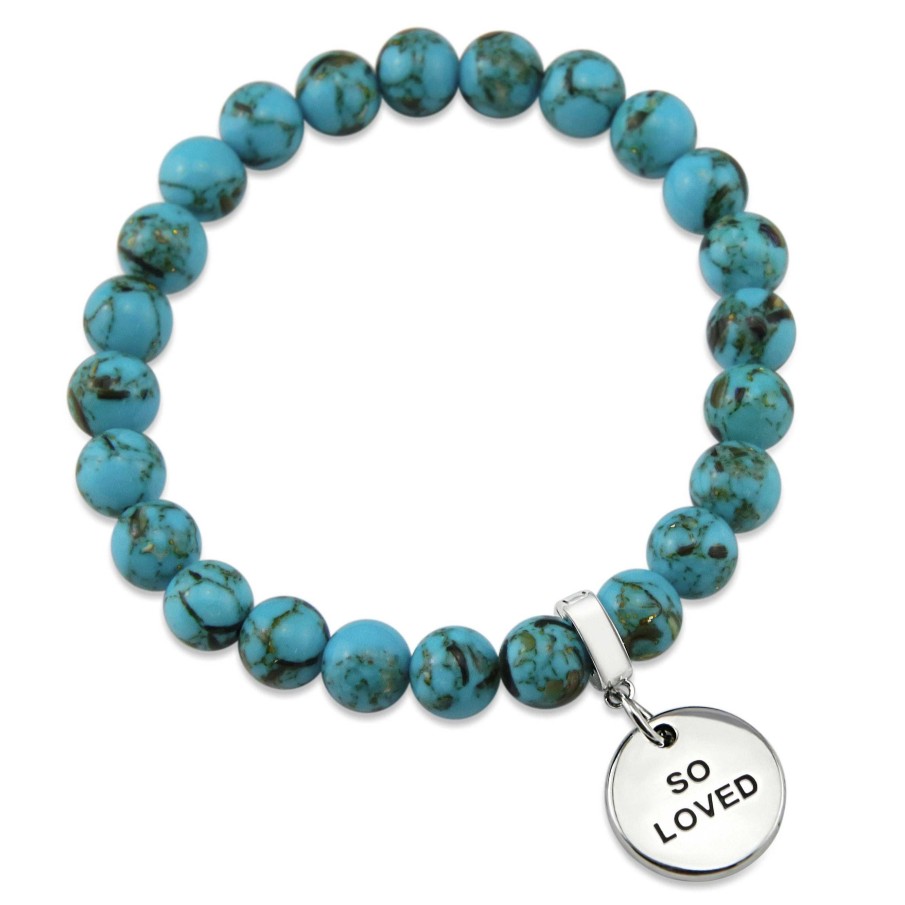 Jewellery Bracelets | Teal Collection Peacock Teal Synthesis 8Mm Bead Bracelet - Silver Word Charms