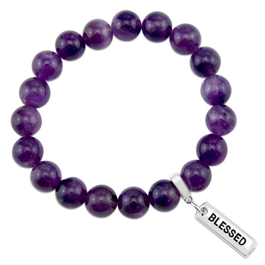 Jewellery Bracelets | Precious Stone Bracelet - Deep Amethyst - Large 10Mm Beads With Word Charms