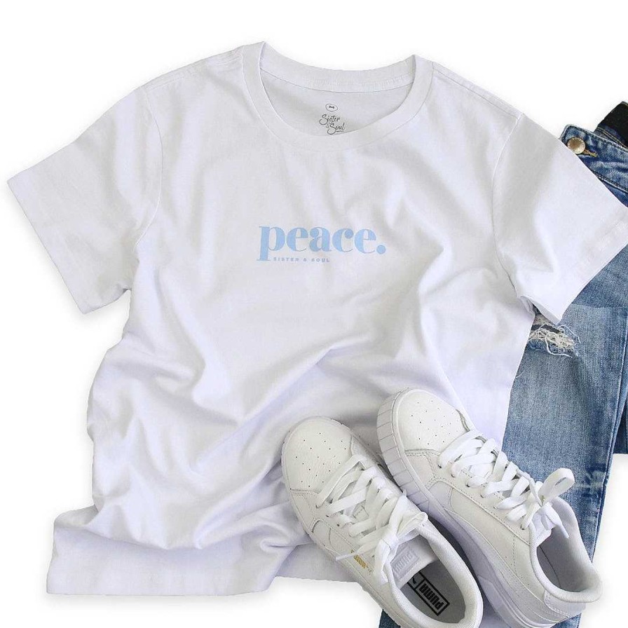 Apparel tee | Peace - Boxy Tee - White With Soft Blue Print