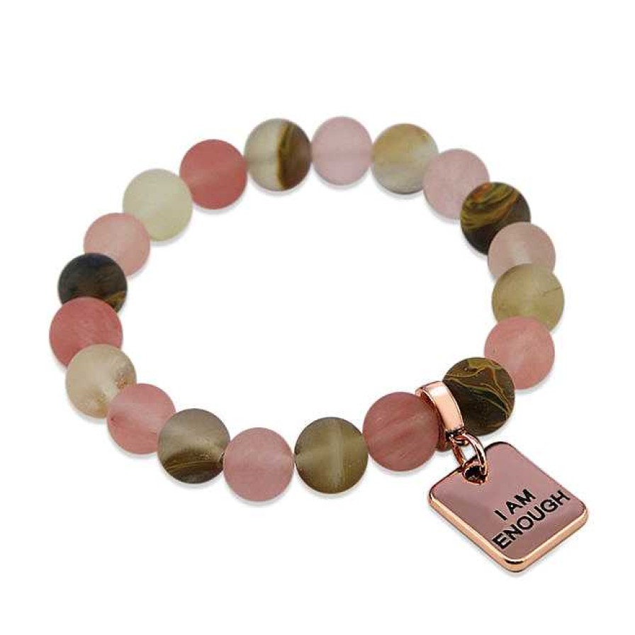 Jewellery Bracelets | Stone Bracelet 10Mm Frosted Watermelon & Tigerskin Stone - With Rose Gold Word Charms