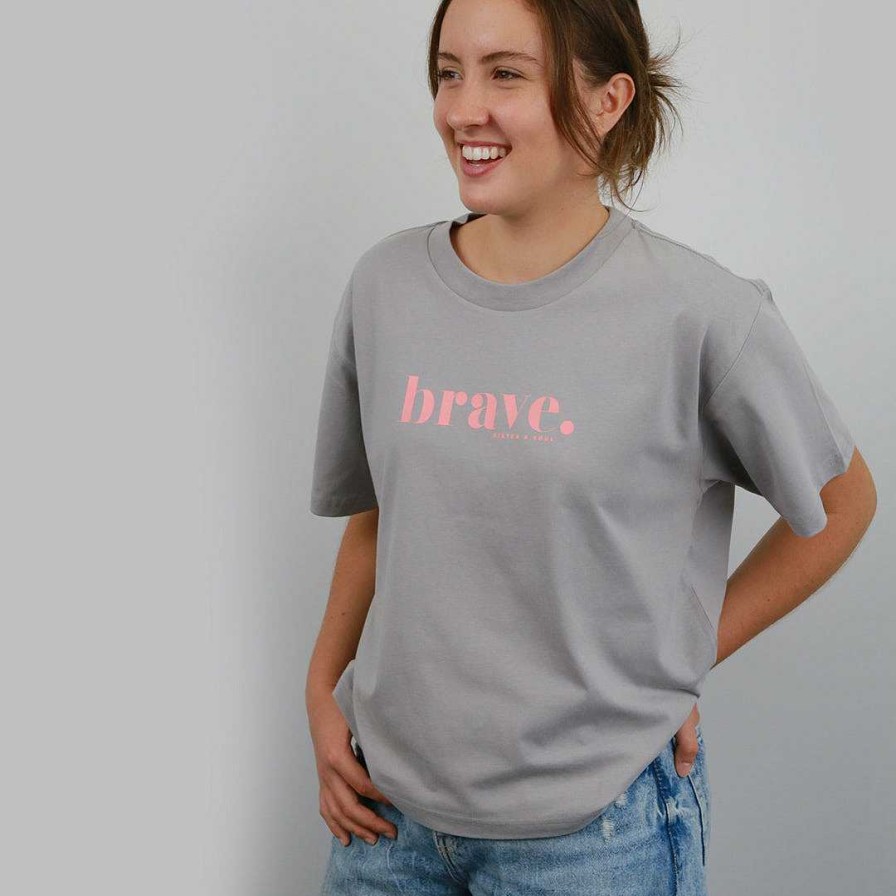 Apparel Tees Tanks & Totes | Brave - Storm Grey Cropped Wide Boxy Tee - Pink Print