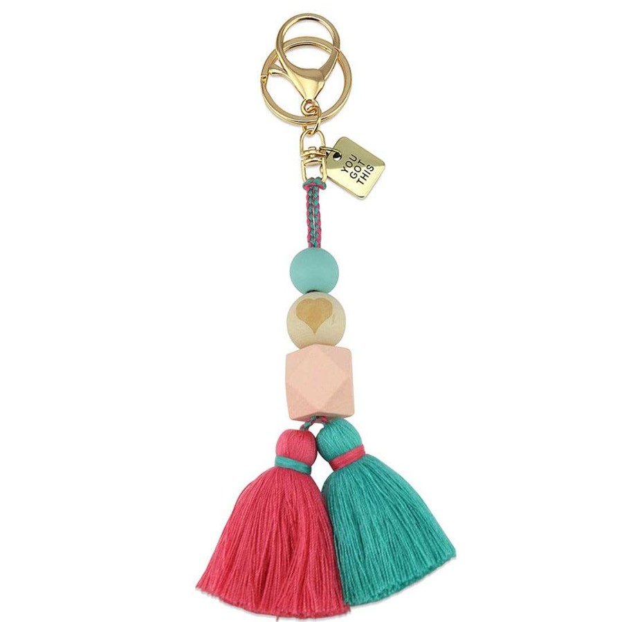 Accessories 50% Off | Tassel + Bead Keyring Accessory Vintage Gold 'You Got This' - Pink & Aqua (4030-1)