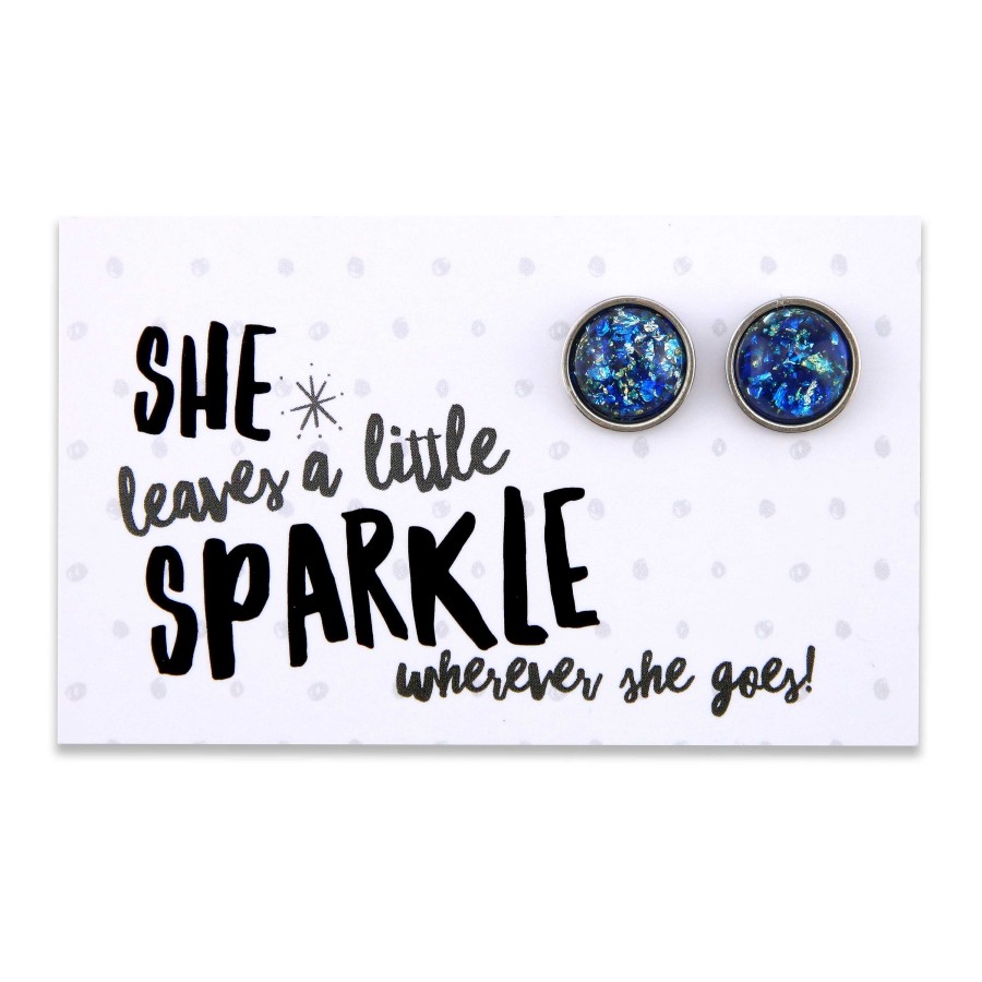 Jewellery Sparklefest | Sparklefest - She Leaves A Little Sparkle - Stainless Steel Vintage Silver Earrings - Midnight Aqua Leaf (8509-F)