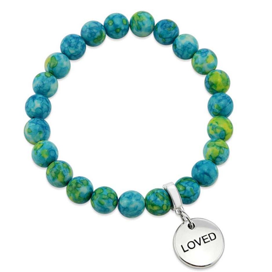 Jewellery Bracelets | Stone Bracelet - Aqua & Sunshine Patch Agate Stone - 8Mm Beads With Silver Word Charm