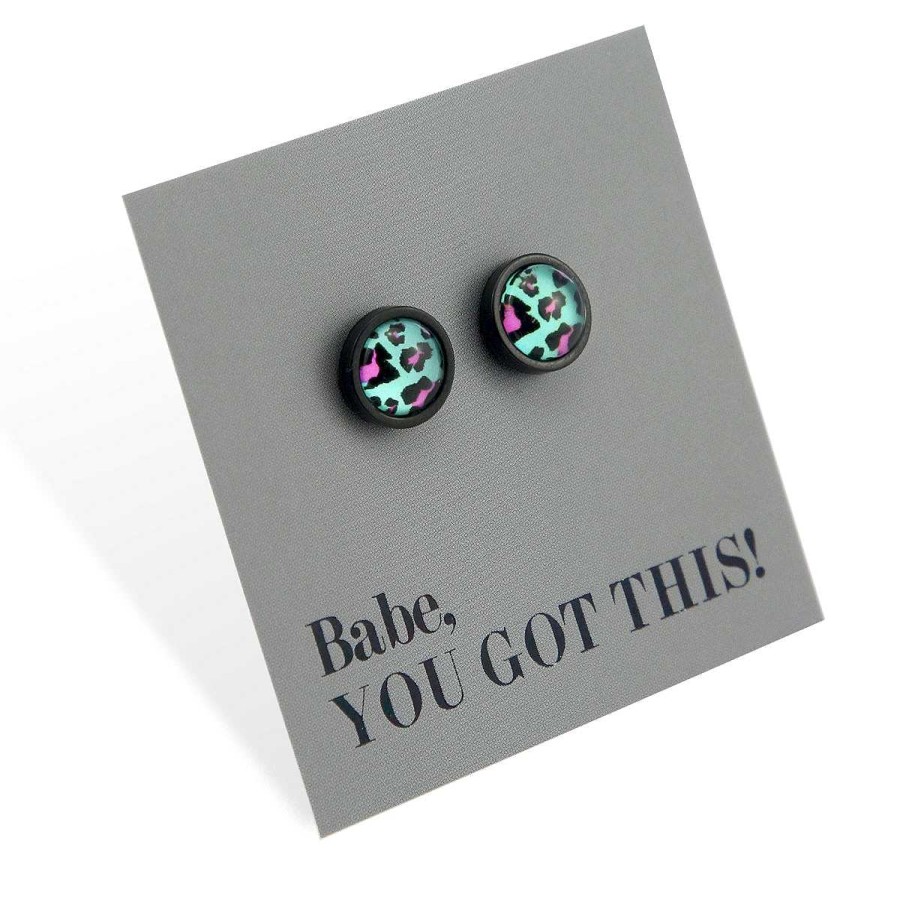 Jewellery Stainless Steel Circle Studs | Babe You Got This - Black Stainless Steel 8Mm Circle Studs - Aqua Leopard (12361)