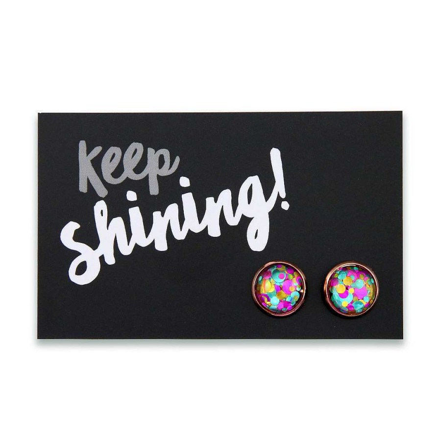 Jewellery Sparklefest | Sparklefest - Keep Shining - Rose Gold Stud Earrings - Big Glitter Aqua, Pink & Gold (8806-R)