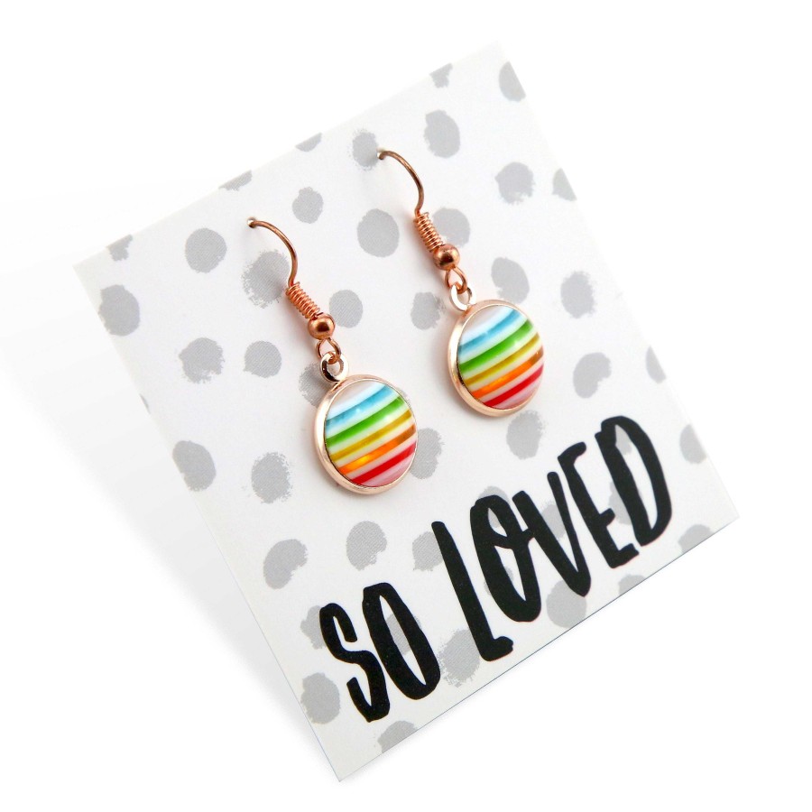 Jewellery Circle Drop Dangles | Stripe Resin - So Loved - Rose Gold Dangle Earrings - Rainbow (2108-F)