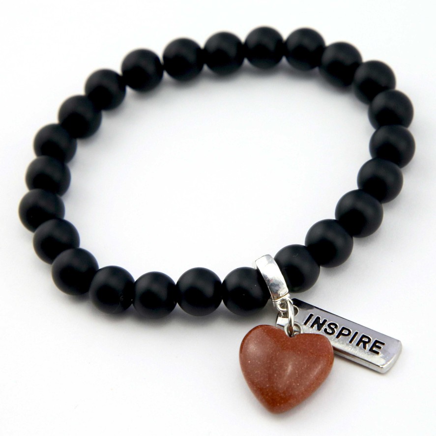 Jewellery Bracelets | Sweetheart Bracelet - 8Mm Matt Black Onyx Stone Beads With Small Copper Sandstone Sparkle Heart & Word Charm