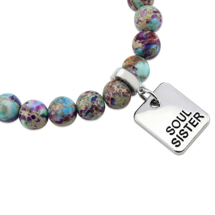 Jewellery Bracelets | Imperial Jasper Purple & Aqua Divine 8Mm Stone Bead Bracelet - With Silver Word Charms