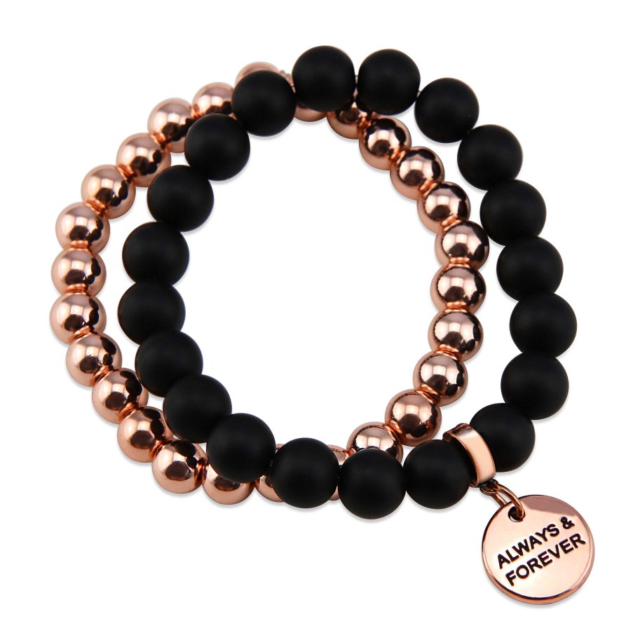 Jewellery Bracelets | Bracelet Duo! Rose Gold & Matt Black Onyx Bead Bracelet Stacker Set - Always & Forever (12043)