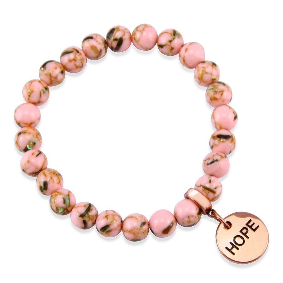 Jewellery Bracelets | Pink Collection - Soft Pink Synthesis 8Mm Bead Bracelet - Rose Gold Word Charms