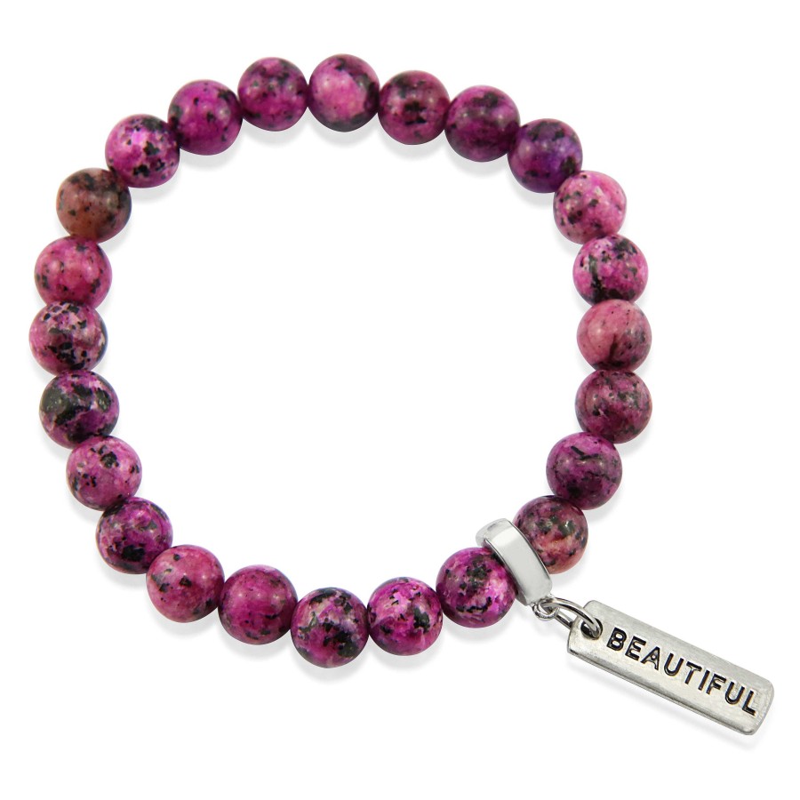 Jewellery Bracelets | Stone Bracelet - Pink Raspberry Speckle 8Mm Beads - With Word Charm (5023)